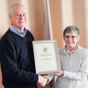 Jean Hargreaves (Bury) presented with a CA Diploma for Services to Croquet on behalf of the CA by John Dawson
